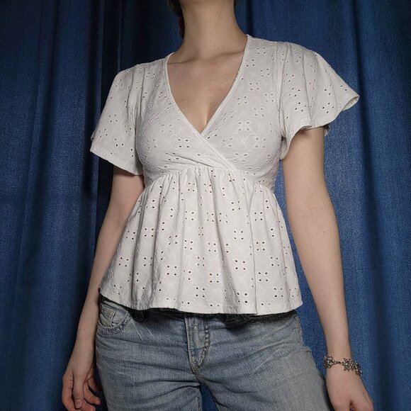 Gaze Apparel white eyelet babydoll top  ✦ white puffy-sleeved wrap top ✦ - Picture 5 of 12
